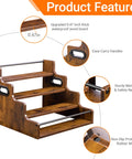Four Tier Stadium Style Liquor Bottle Display Shelf 16 Inch Rustic Wood Rack For Bottles And Syrups with handles and rails