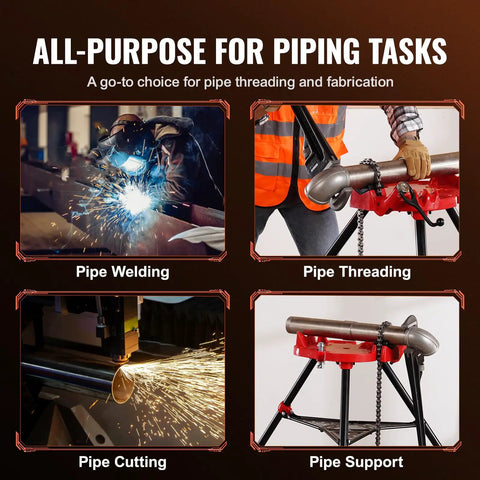 Tripod Pipe Stand With Chain Vise, Portable One Eighth To Six Inch Capacity, Foldable Steel Legs, Tool Tray, used for piping tasks