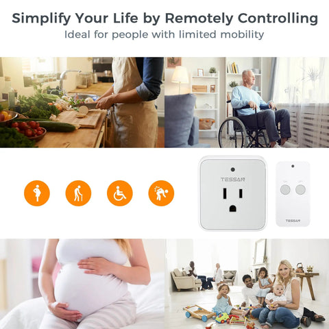 Collage showing a woman cooking, a seated person, a pregnant woman, and children, with a remote and outlet from Remote Control Outlet Wireless Light Switch for Lamps and Fans, Plug In On Off Receiver, 100ft RF Range, 15A 1875W, Grab And Go Setup For Sofa And Bedside Use, Great For Elderly And Pregnant Users, Includes One Remote And One Outlet.