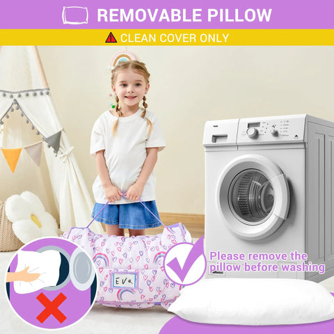 Toddler Nap Mat With Pillow And Blanket For Daycare And Preschool, child holding rolled mat near washing machine.