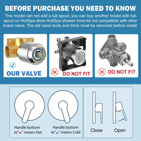Instruction guide for Brushed Nickel Shower Faucet Set With 8 Inch Rainfall Showerhead installation compatibility and handle settings.