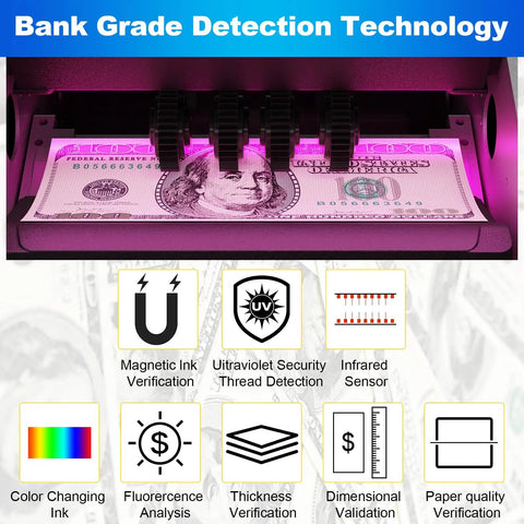 Smart Money Counter Machine For Cash Bills With UV MG IR Counterfeit Detection in action, verifying 50 dollar bill under UV light.