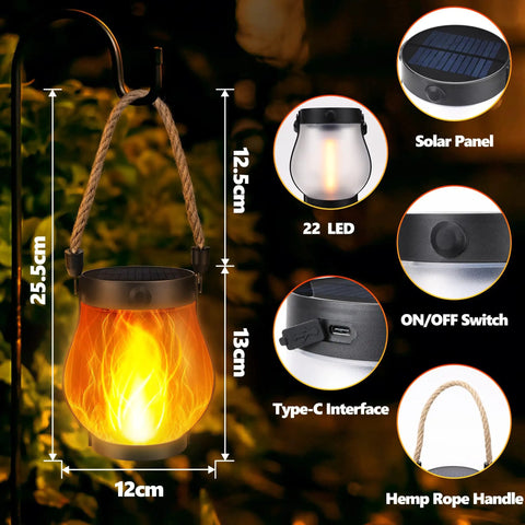 2 Pack Gen2 Solar Lantern Lights With USB C Ultra Real Flame Warm White Outdoor Pathway And Patio Lighting Weatherproof
