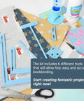 Six Piece Bookbinding Template Kit For Scrapbooking Beginners Stencil And Cutter Guide Set with papers and tools on table