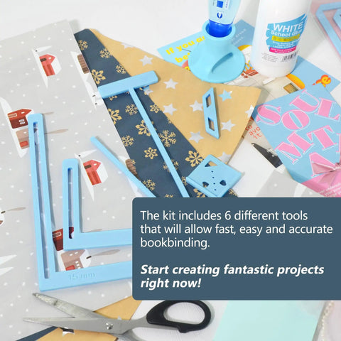 Six Piece Bookbinding Template Kit For Scrapbooking Beginners Stencil And Cutter Guide Set with papers and tools on table