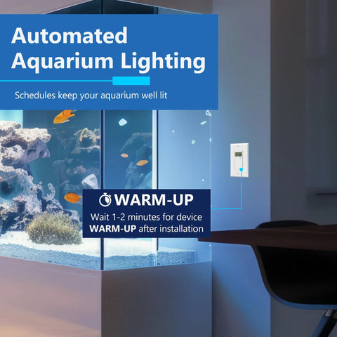 Programmable Digital Timer Switch For Lights, Fans, And Motors With Simple Setup, installed near an aquarium, wall plate included.