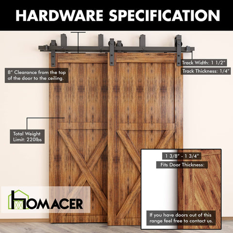 Black Rustic U Shape Bypass Sliding Barn Door Hardware Kit For Double Doors 7.5ft Flat Track installed on wooden doors