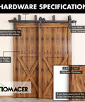 Black Rustic Double Track U Shape Bypass Sliding Barn Door Hardware Kit For Two Doors 4.5ft installed view with specifications