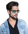 Person wearing Inverness Rectangular Sunglasses Unisex RB2191 Dope Black On Transparent Frames With Blue Gradient Lenses 54 mm UV Protection