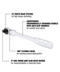 Three Eighths Inch Flex Head Ratchet With 180 Degree Pivot, 72-Tooth High Torque Gear, Slim Head For Tight Spots, ergonomic handle