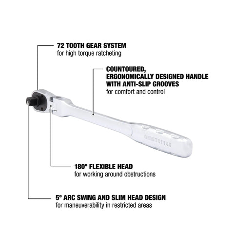 Three Eighths Inch Flex Head Ratchet With 180 Degree Pivot, 72-Tooth High Torque Gear, Slim Head For Tight Spots, ergonomic handle