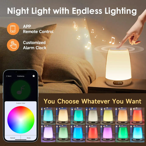 Smart App Controlled Night Light With Built In Sound Machine For Baby Nursery 48 RGB Colors 14 White Noise Display