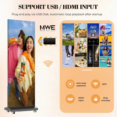 No Sweat Setup 80 Inch P1.86 Led Digital Signage Display With Smart Publishing Suite And Rugged Flight Case Foldable Ad Kiosk Video Wall showcasing USB/HDMI input options.