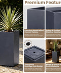 Crack-Resistant Lightweight Concrete Planter, Tall 19.9 Inches, Charcoal Rectangular Plant Pot With Drainage Hole And Rubber Plug shown outdoors.