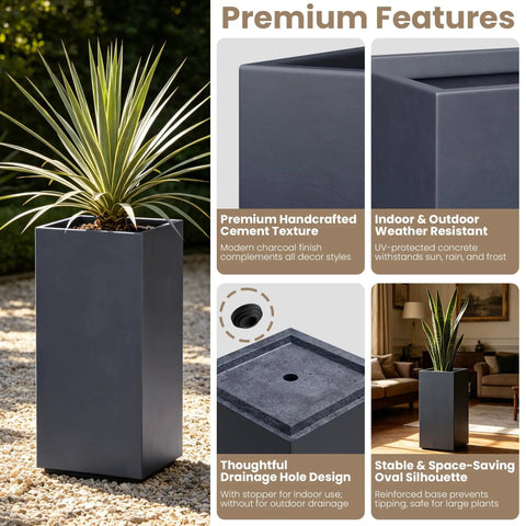 Crack-Resistant Lightweight Concrete Planter, Tall 19.9 Inches, Charcoal Rectangular Plant Pot With Drainage Hole And Rubber Plug shown outdoors.