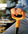 Close-up of hands gripping a 46 inch heavy duty D-handle digging shovel for garden and yard work, ergonomic two-handed control.