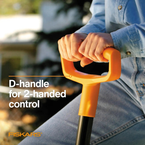 Close-up of hands gripping a 46 inch heavy duty D-handle digging shovel for garden and yard work, ergonomic two-handed control.