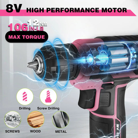 Pink Cordless Drill Set 8V Impact Drill Driver With 53 Piece Bit Kit 2.0Ah Battery Three Eighths Inch Keyless Chuck