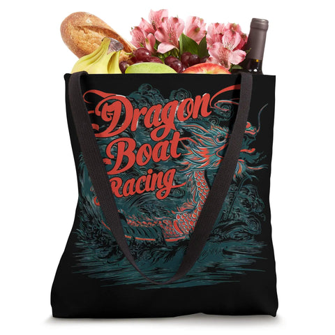 Boat Racing Crew Tote Bag For Dragon Boat Fans with dragon design, filled with groceries, ideal for travel and daily use.