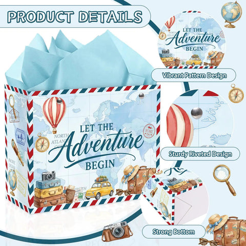 Awesome 13 Inch Travel Gift Bag Kit With Retirement Card Sky Blue Tissue Paper Vintage Envelope Set For Adventure Sendoff Party Gift Wrap Totally Dope Package Idea For Friends Moving Away Or College Graduation Events So You Love.