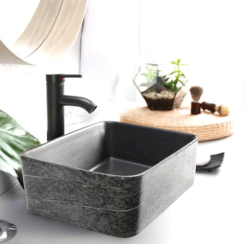 Rectangular Ceramic Vessel Sink For Bathroom Above Counter Dope Slate Gray 16 By 12 Inches Porcelain Basin with faucet