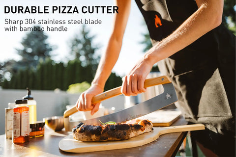 Person using Pi Pizza Rocker Cutter Pro For Effortless Slicing Of Thin Or Thick Crust Pizza With Stainless Steel Rocker Blade And Bamboo Handles
