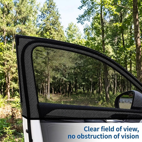 Custom Fit Car Window Sunshades For Tesla Cybertruck 2024 Plus 4 Piece Set showing snug fit and clear visibility from side window.