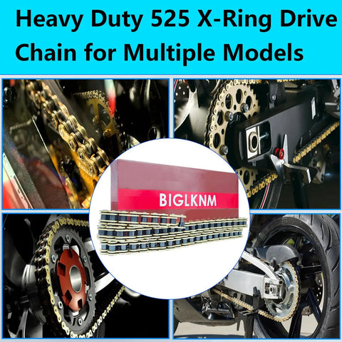 525 XRing Motorcycle Chain 110 Links with Master Link Gold Finish on various bikes, showing heavy duty drive chain details.