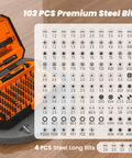 115 In 1 Precision Screwdriver Set With 103 Magnetic Bits for iPhone, MacBook, PC, featuring detailed bit configuration chart.