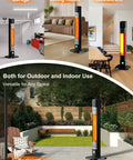 Electric Outdoor Patio Heater 1500W Infrared With 24H Timer And Remote Waterproof Quiet Portable 35 Inch Tower Space Heater shown in various settings, including garage, living room, restaurant, and backyard.