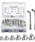 Heavy Duty T Bolt Hose Clamps Kit, 28 Piece Six Size Assortment, Range 17 to 35mm, 304 Stainless Steel Clamps in box