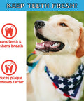 Dog wearing bandana, promotes oral health with text highlights; Twistedz American Beefhide 5 Inch Twist Sticks For Dogs With Real Beef Meat Wrap Chew Treats Made From Natural Ingredients 20 Count Per Pack Boss Level Long Lasting Mess Free Dog Chews