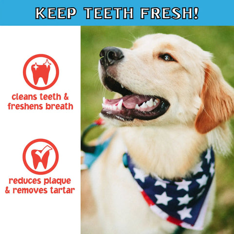 Dog wearing bandana, promotes oral health with text highlights; Twistedz American Beefhide 5 Inch Twist Sticks For Dogs With Real Beef Meat Wrap Chew Treats Made From Natural Ingredients 20 Count Per Pack Boss Level Long Lasting Mess Free Dog Chews