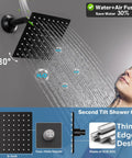 Enga Dual Head Shower System with Jets, 16" + 6" Shower Head with 4 Body Jets, 2-in-1 Handheld Shower Faucet Set, Matte Black - Close-up of 6-inch tilted black shower head with water spray.