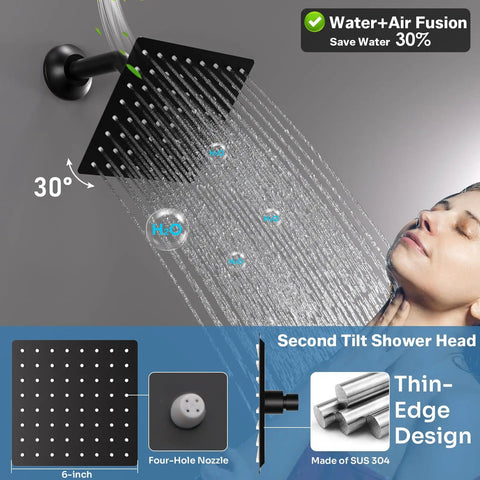 Enga Dual Head Shower System with Jets, 16" + 6" Shower Head with 4 Body Jets, 2-in-1 Handheld Shower Faucet Set, Matte Black - Close-up of 6-inch tilted black shower head with water spray.