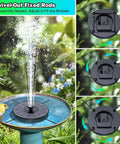 3.5W Glass Solar Fountain With Swivel Out Rods LED Lights And 2000mAh Battery 7 Nozzles Outdoor Solar Water Pump shown in use in a garden birdbath, featuring swivel rods and water spray.