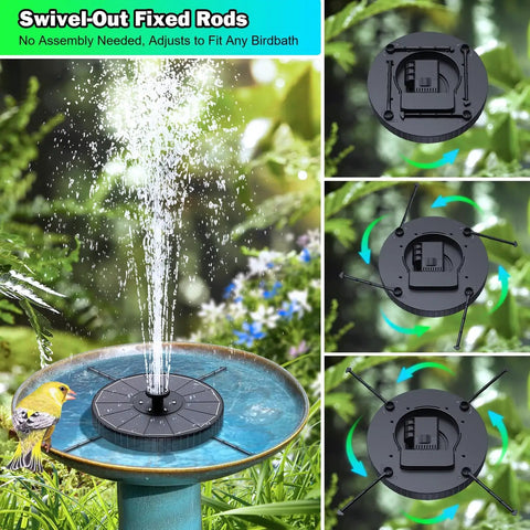 3.5W Glass Solar Fountain With Swivel Out Rods LED Lights And 2000mAh Battery 7 Nozzles Outdoor Solar Water Pump shown in use in a garden birdbath, featuring swivel rods and water spray.
