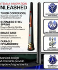 Diagram of Shorty Antenna For Chevy Silverado And GMC Sierra with features like copper coil, stainless spring, brass base, EPDM rubber mast.