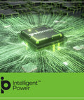 Close-up of a glowing green microchip with circuitry lines, labeled 'Intelligent Power' indicating advanced technology.