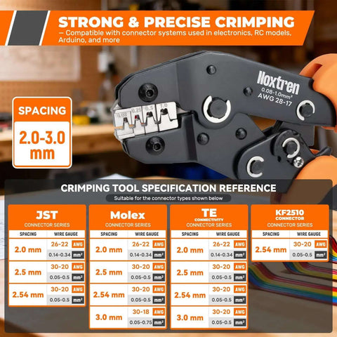 All In One Complete JST XH 2.5mm and DuPont 2.54mm Connector Kit Ratcheting Crimping Tool with specifications chart