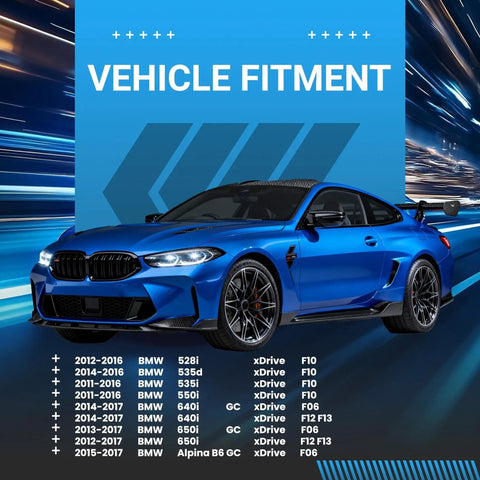 Plug And Play Front Suspension Control Arm Kit For BMW 5 And 6 Series, Includes Upper And Lower Arms, Sway Bar Link, Tie Rod, Rack And Pinion Boot Replacement, Compatible With XDrive Models Like 528i 535i 640i 650i shown on vehicle fitment chart