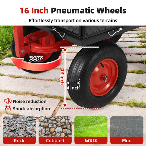 Close-up of 16-inch wheel on Heavy Duty 1400 Lb Steel Garden Dump Cart With Removable Mesh Panels 2 In 1 Handle