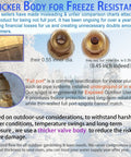 Diagram comparing spigot sizes highlighting freeze resistance with thicker valve body, optimized for exposed outdoor use in winter.