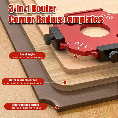 Hella Slick Router Corner Radius Jig Template Kit Solid Aluminum Alloy Guide with adjustable corner angles for R10 to R60 sizes.
