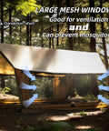 Hammock Ready Hot Tent With Stove Jack And Double Sided Mesh Windows For All Season Camping, shown with open mesh windows in forest