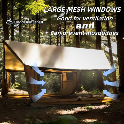 Hammock Ready Hot Tent With Stove Jack And Double Sided Mesh Windows For All Season Camping, shown with open mesh windows in forest