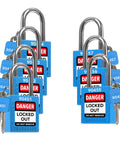 Blue Lockout Tagout Padlock Set With Seven Keyed Different Locks And Two Keys Per Lock, OSHA Compliant Safety Locks displayed front view