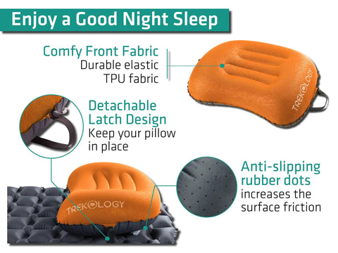 Ultralight Inflatable Camping Pillow ALUFT 2.0 with TPU fabric, detachable latch, anti-slip dots, orange color shown on grey pad.