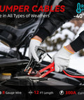 Person using jumper cables from All-In-One Roadside Emergency Kit With Portable Air Compressor And Jumper Cables, First Aid Essentials, Snow Brush And Ice Scraper, Winter Ready-To-Go 170-Piece Gear For Men Women Teens
