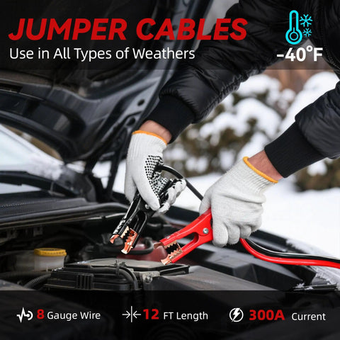 Person using jumper cables from All-In-One Roadside Emergency Kit With Portable Air Compressor And Jumper Cables, First Aid Essentials, Snow Brush And Ice Scraper, Winter Ready-To-Go 170-Piece Gear For Men Women Teens